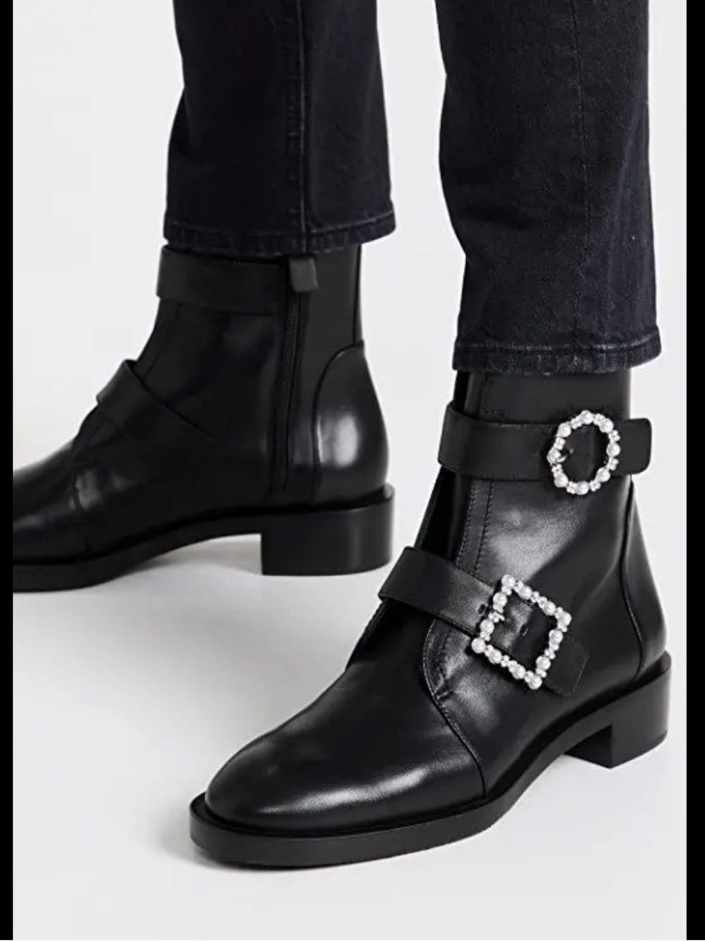 Stuart Weitzman Ryder boots 9 black Geo Buckle Pearl Crystal